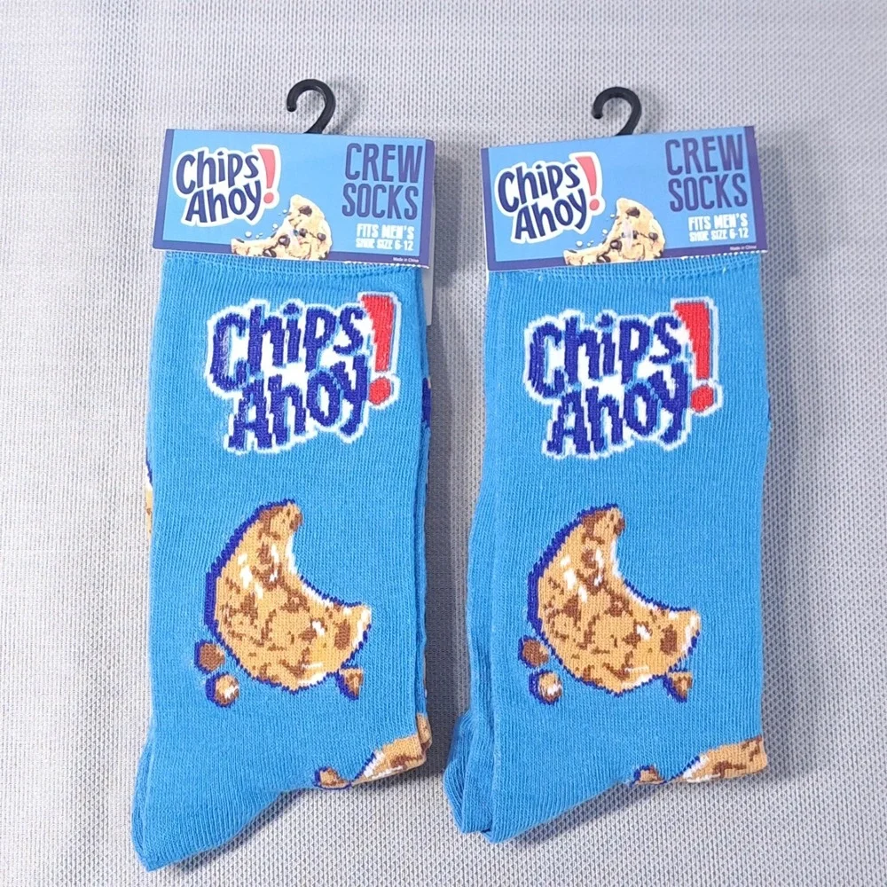 Lot of 2 Chips Ahoy! Men's Shoe Size 6-12‎ Crew Socks Blue Fun Snack Cookie